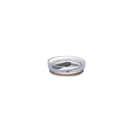 Clear glass ashtray with a black interior on a white background